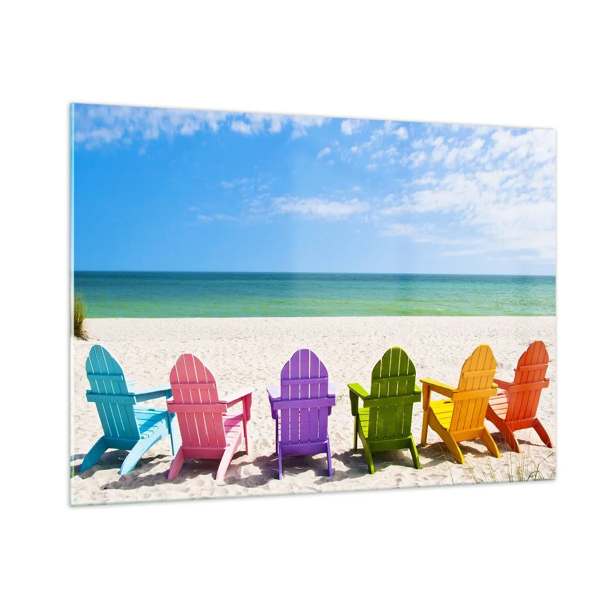 Impression sur verre - Image sur verre - Chaises colorées sur une plage de sable avec vue sur la mer - 100x70cm - Plage arc-en-ciel - Décoration murale moderne pour le salon et la chambre ARTTOR