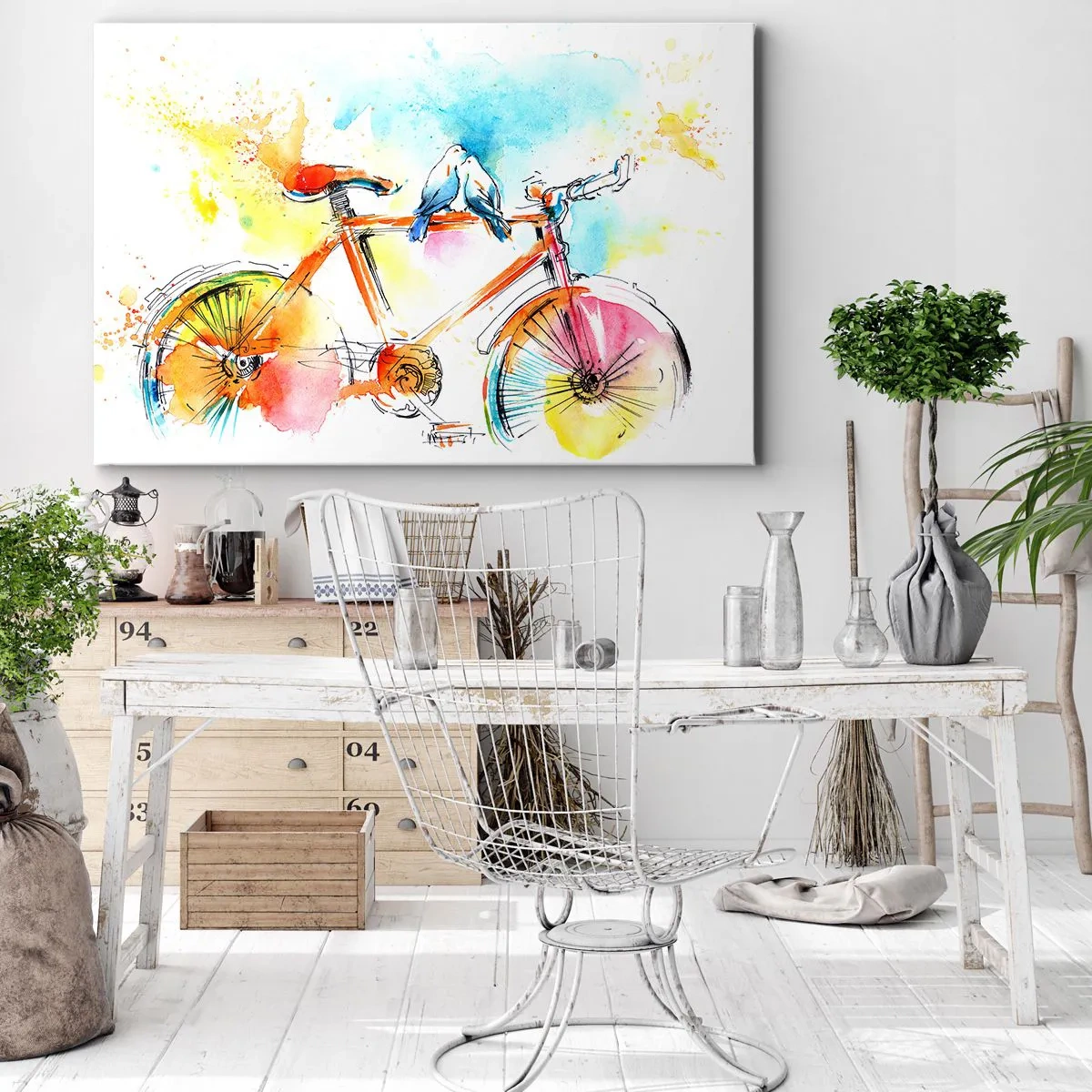 Impression sur toile - Image sur toile - Aquarelle colorée d'un vélo avec des oiseaux assis dessus - 120x80cm - À deux en vélo - Décoration murale moderne pour le salon et la chambre ARTTOR