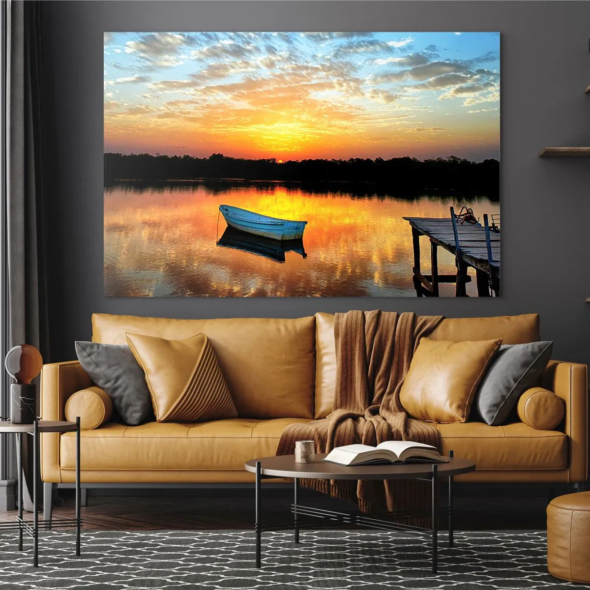 Impression sur verre - Image sur verre - Un bateau sur un lac calme sous les rayons du soleil couchant - 100x70cm - Regardez, écoutez, méditez - Décoration murale moderne pour le salon et la chambre ARTTOR
