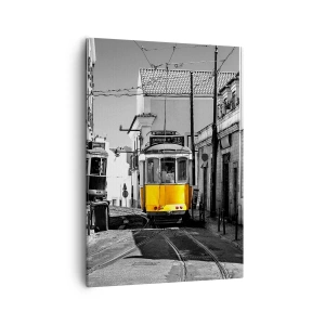 Impression sur toile - Image sur toile - Un tramway jaune dans les rues de Lisbonne dans un décor monochrome - 50x70cm - L'âme de Lisbonne - Décoration murale moderne pour le salon et la chambre ARTTOR