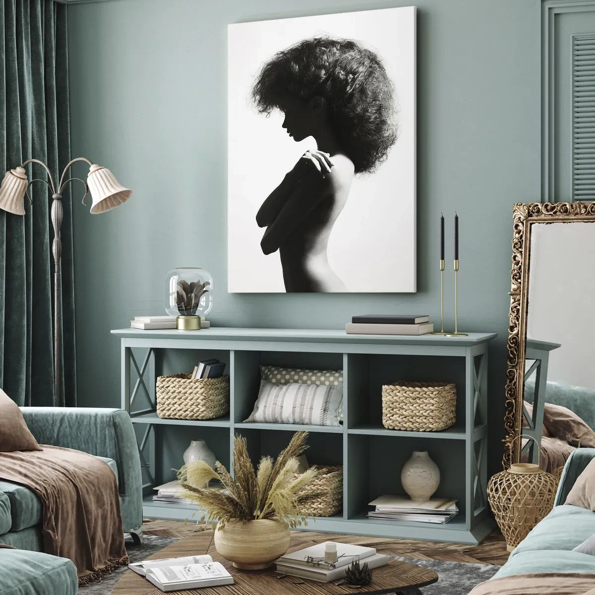 Impression sur toile - Image sur toile - Une silhouette subtile d'une femme dans des tons noirs et blancs sur un fond clair - 70x100cm - Comme une fleur au bout d'une fine tige - Décoration murale moderne pour le salon et la chambre ARTTOR