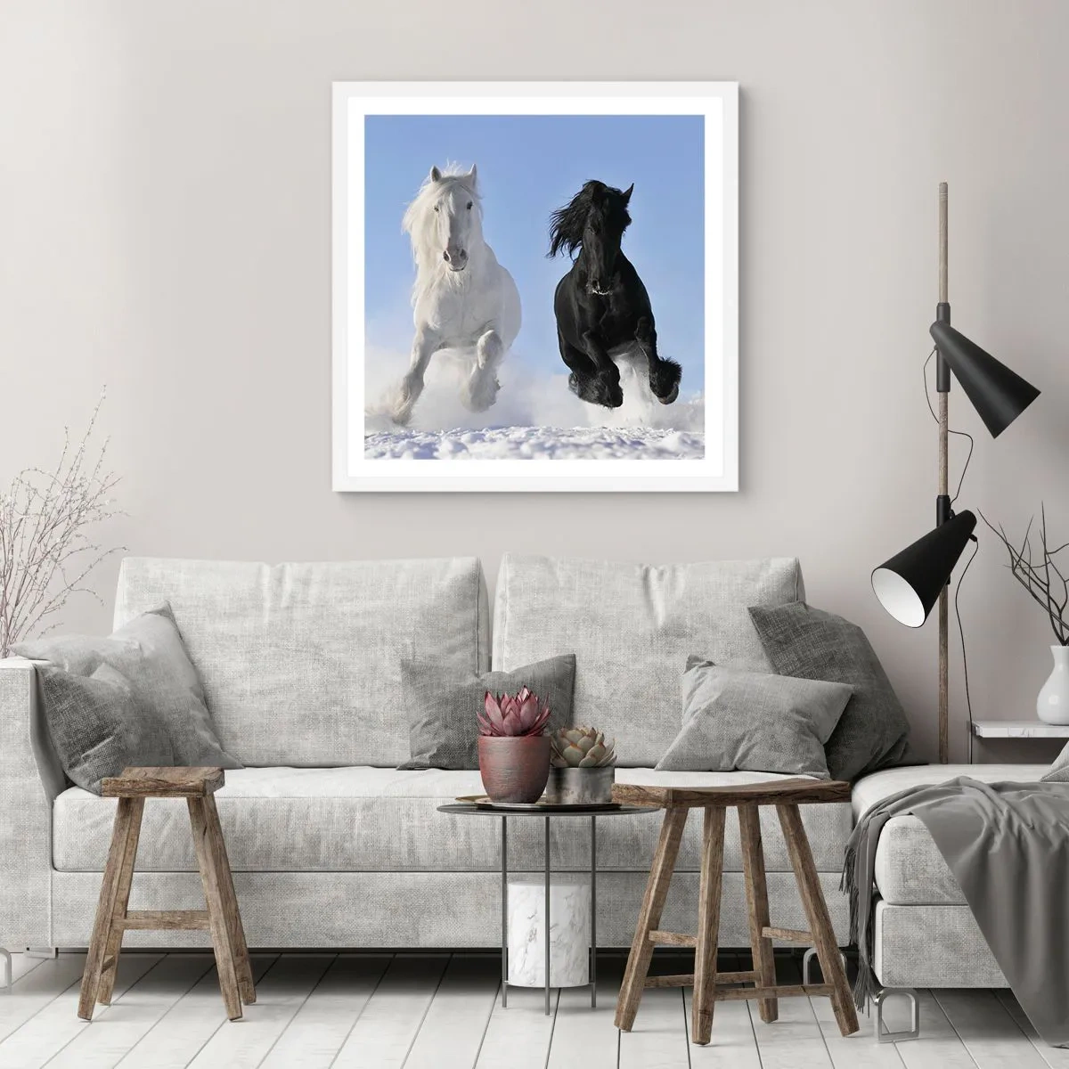 Affiche dans un cadre blanc - Poster - Galop noir et blanc - 30x30 cm