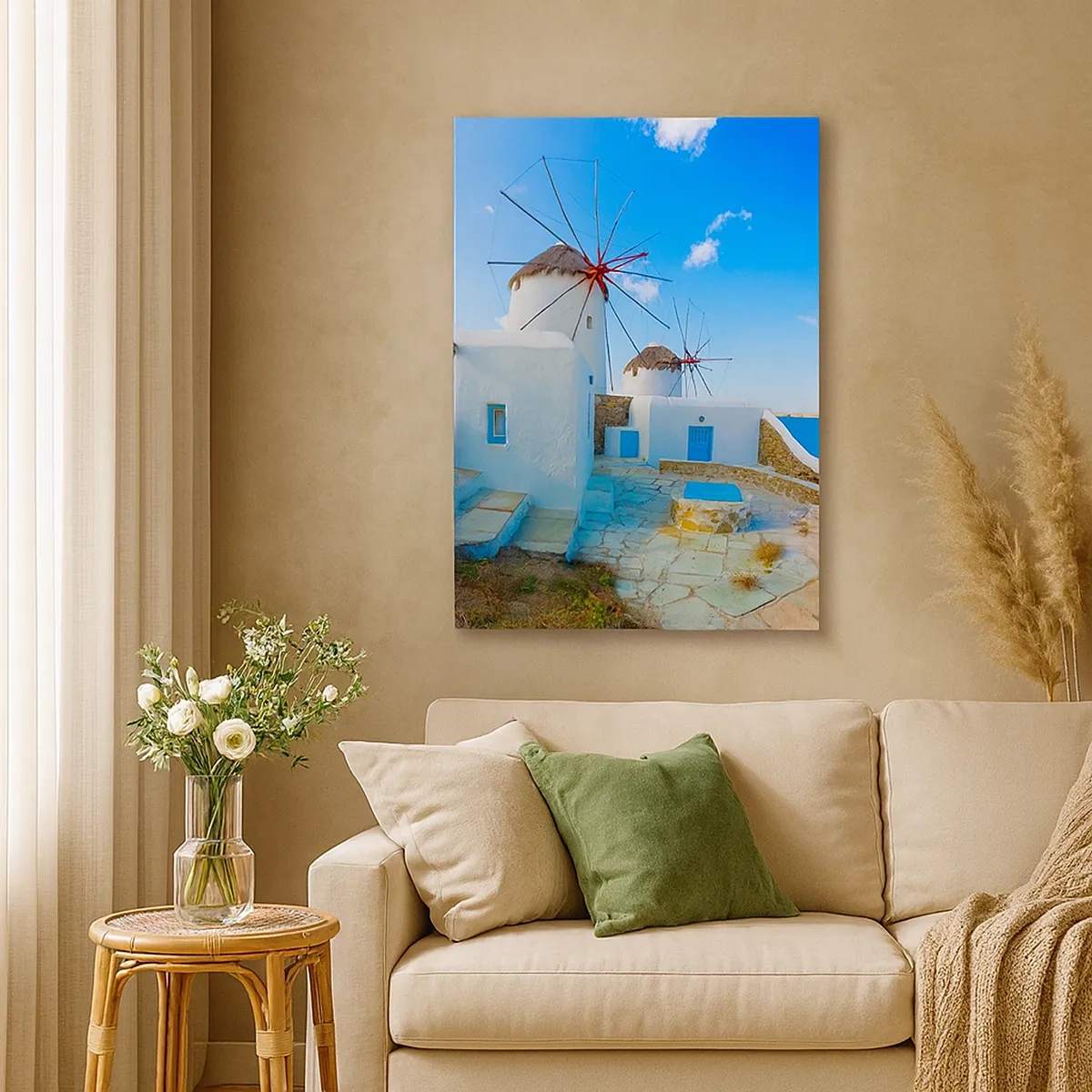 Impression sur toile - Image sur toile - Des moulins à vent blancs sur les rives de la mer bleue - 50x70cm - Le vent bleu de la mer - Décoration murale moderne pour le salon et la chambre ARTTOR