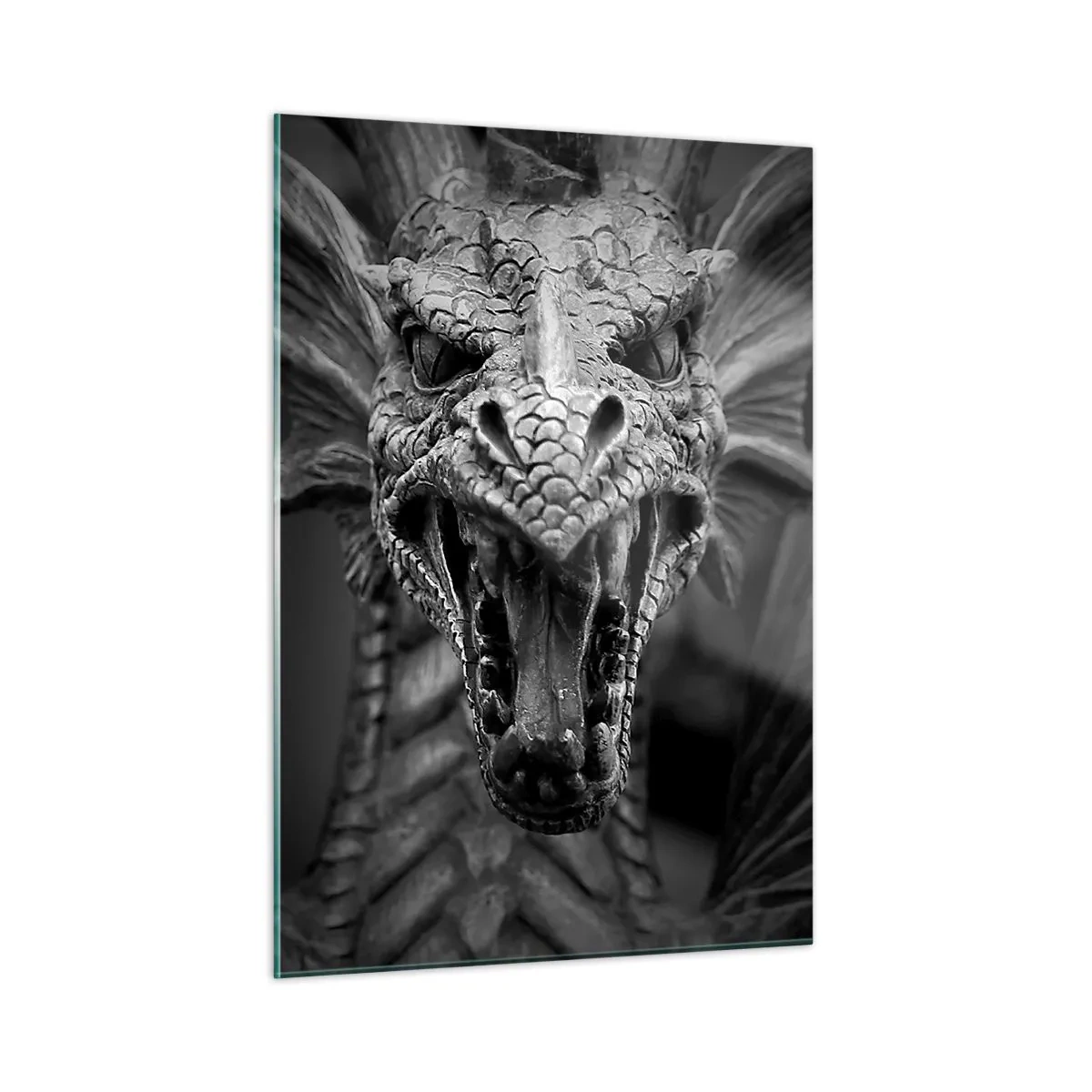 Impression sur verre - Image sur verre - Portrait détaillé d'un dragon en noir et blanc - 50x70cm - Un dragon imaginaire grisâtre - Décoration murale moderne pour le salon et la chambre ARTTOR