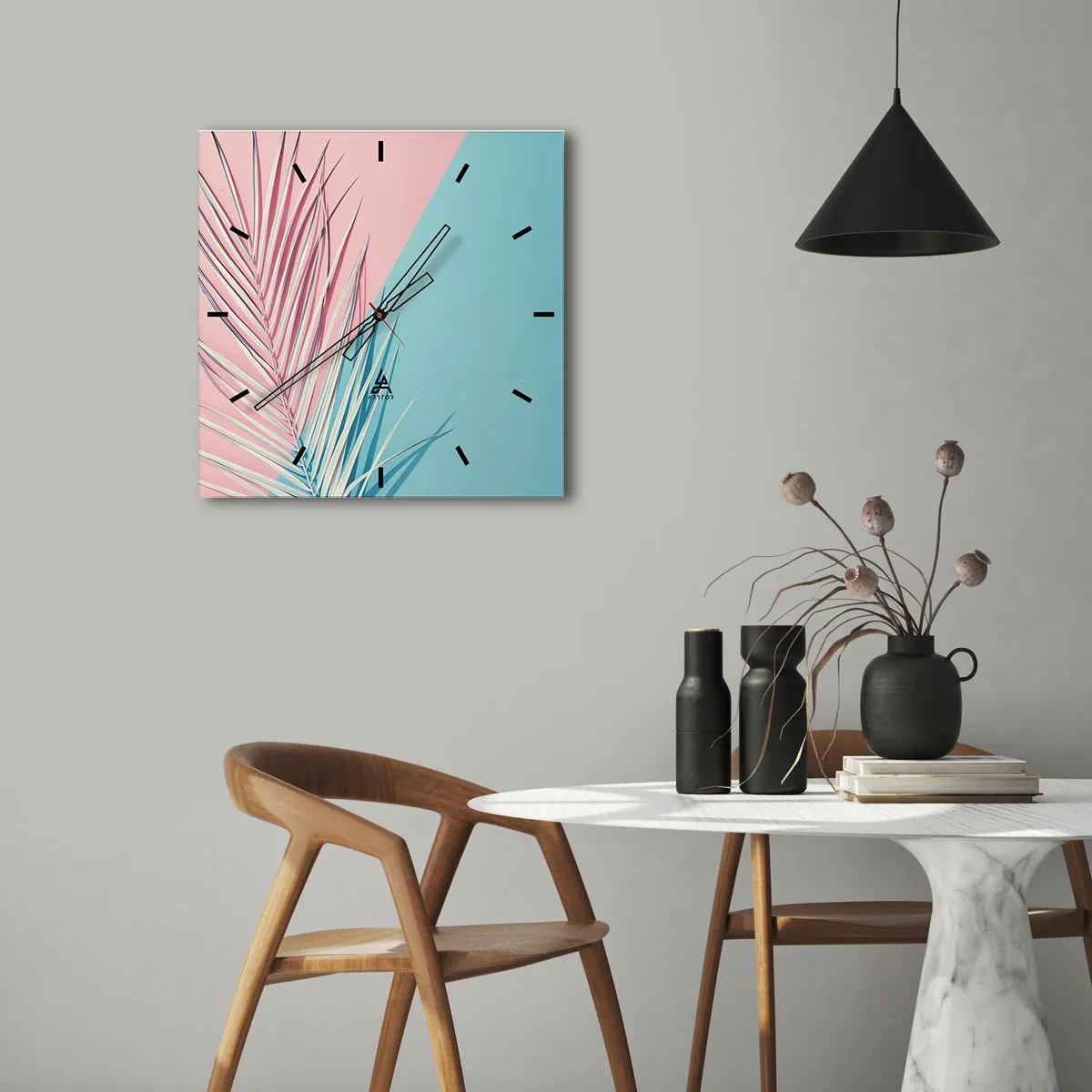 Horloge murale - Pendule murale - Feuille tropicale sur un fond de tons pastel de rose et de bleu - 30x30cm - Impression tropicale - Décoration murale moderne pour le salon et la chambre ARTTOR