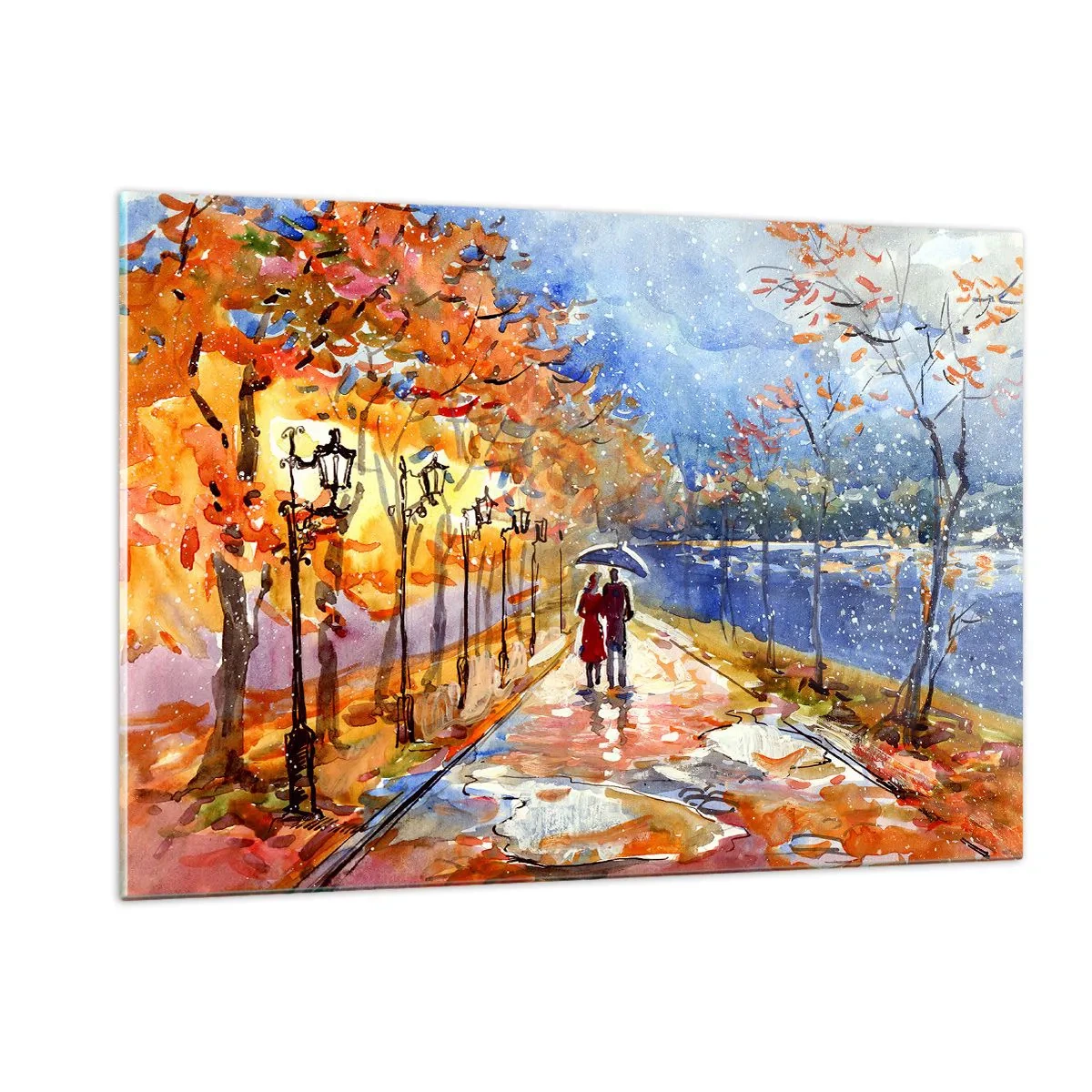 Impression sur verre - Image sur verre - Une promenade d'automne le long de l'avenue avec des feuilles colorées et des lanternes - 120x80cm - Ensemble jusqu'au bout du temps - Décoration murale moderne pour le salon et la chambre ARTTOR