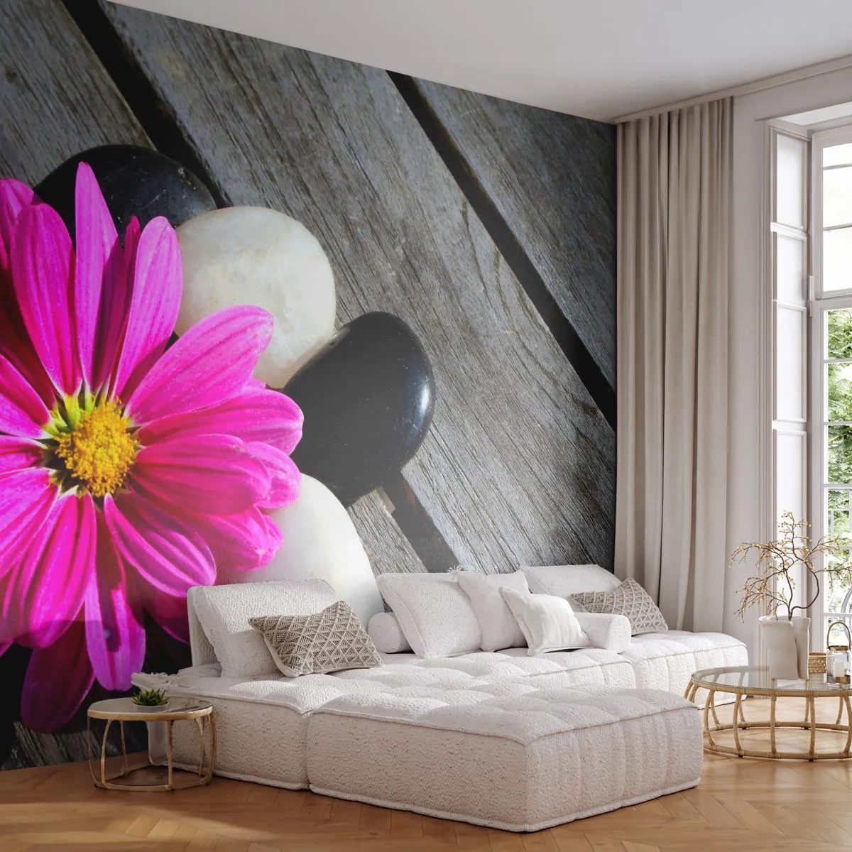 Papier Peint Photo Premium Canvas - Fleur rose sur un fond de planches de bois avec des pierres - 100x70cm - Repos sur la jetée - Décoration murale moderne pour le salon et la chambre ARTTOR