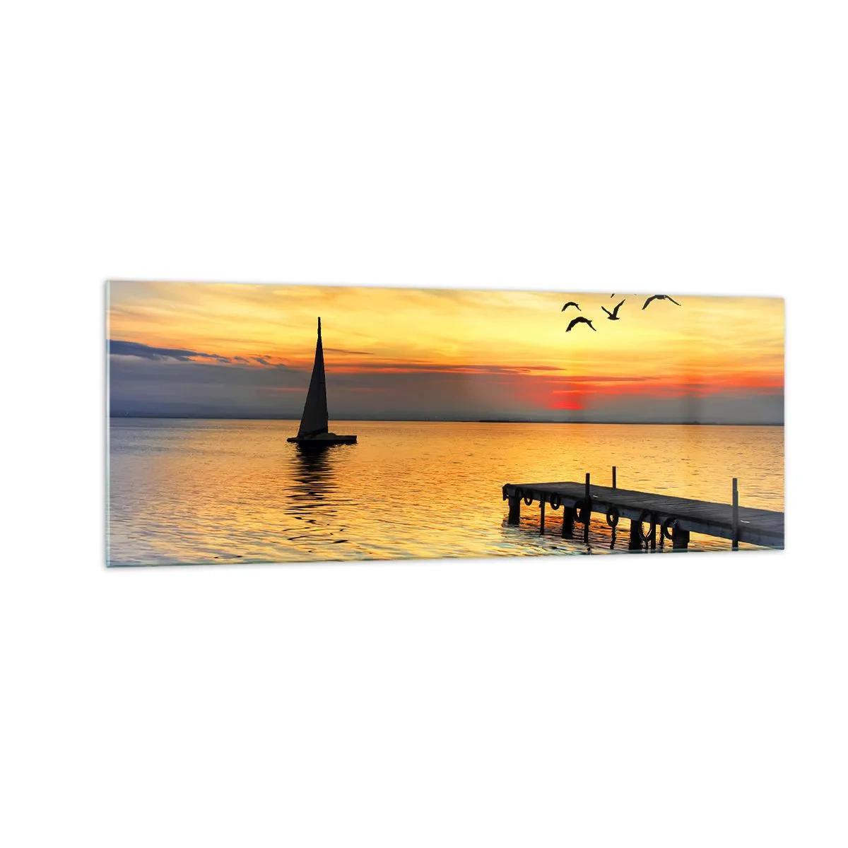 Impression sur verre - Image sur verre - Coucher de soleil avec un voilier et une jetée sur un lac calme - 140x50cm - Le soir revient - Décoration murale moderne pour le salon et la chambre ARTTOR