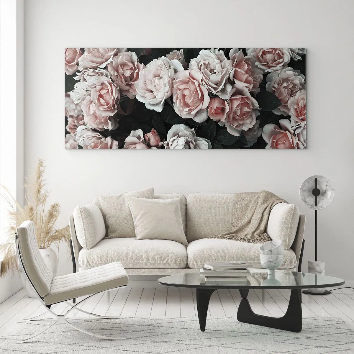 Impression sur verre - Image sur verre - Roses roses sur fond sombre dans une composition subtile - 120x50cm - Ensemble de rose - Décoration murale moderne pour le salon et la chambre ARTTOR