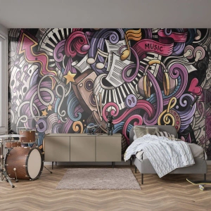 Papier Peint Photo Premium Sand - Abstraction colorée avec des symboles et des instruments de musique - 100x70cm - Mélodie compliquée - Décoration murale moderne pour le salon et la chambre ARTTOR