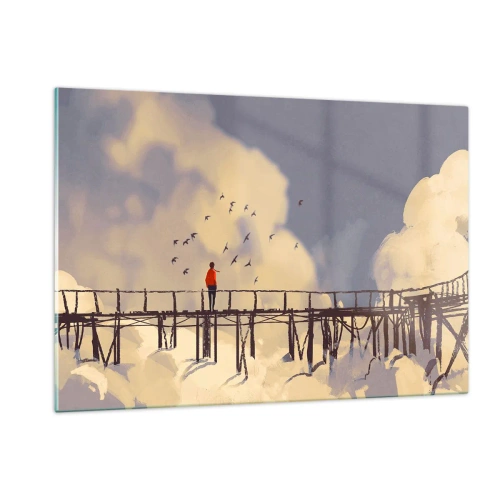 Impression sur verre - Image sur verre - Un homme sur un pont en bois entouré de nuages - 120x80cm - Bleu nostalgie - Décoration murale moderne pour le salon et la chambre ARTTOR