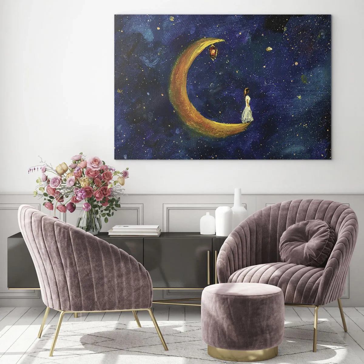 Impression sur verre - Image sur verre - Une figure sur la lune dans le ciel nocturne - 70x50cm - Appel du monde - Décoration murale moderne pour le salon et la chambre ARTTOR