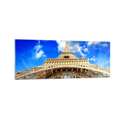 Impression sur verre - Image sur verre - La Tour Eiffel vue d'en bas contre un ciel bleu - 140x50cm - Atteindre le ciel et les nuages - Décoration murale moderne pour le salon et la chambre ARTTOR