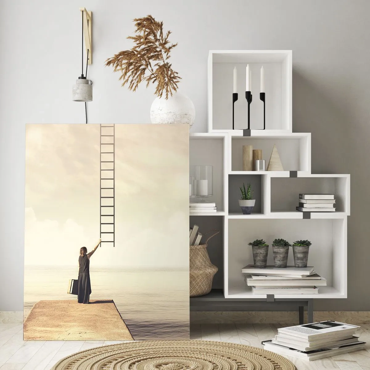 Impression sur verre - Image sur verre - Une femme debout sur une jetée avec une échelle menant au ciel - 70x100cm - Voyage magique - Décoration murale moderne pour le salon et la chambre ARTTOR