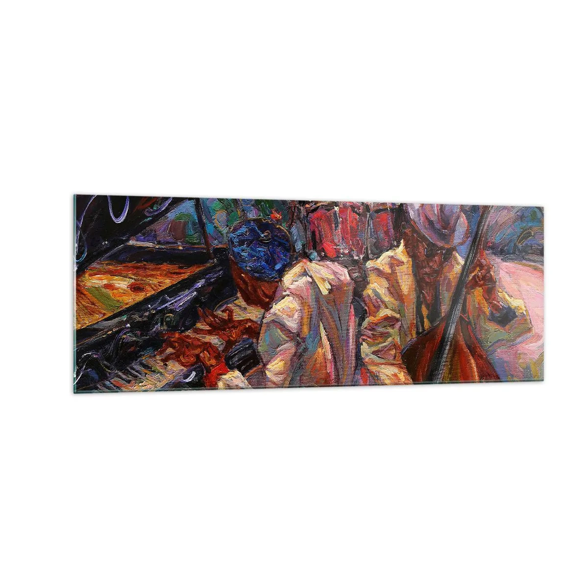 Impression sur verre - Image sur verre - Scène de jazz énergique avec musiciens et instruments - 140x50cm - Dans le même tempo - Décoration murale moderne pour le salon et la chambre ARTTOR