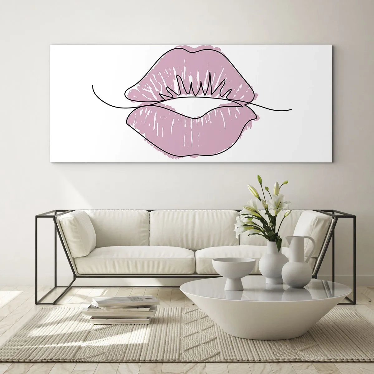 Impression sur verre - Image sur verre - Dessin minimaliste des lèvres dans une teinte rose - 160x50cm - Prêt à l'embrassade? - Décoration murale moderne pour le salon et la chambre ARTTOR