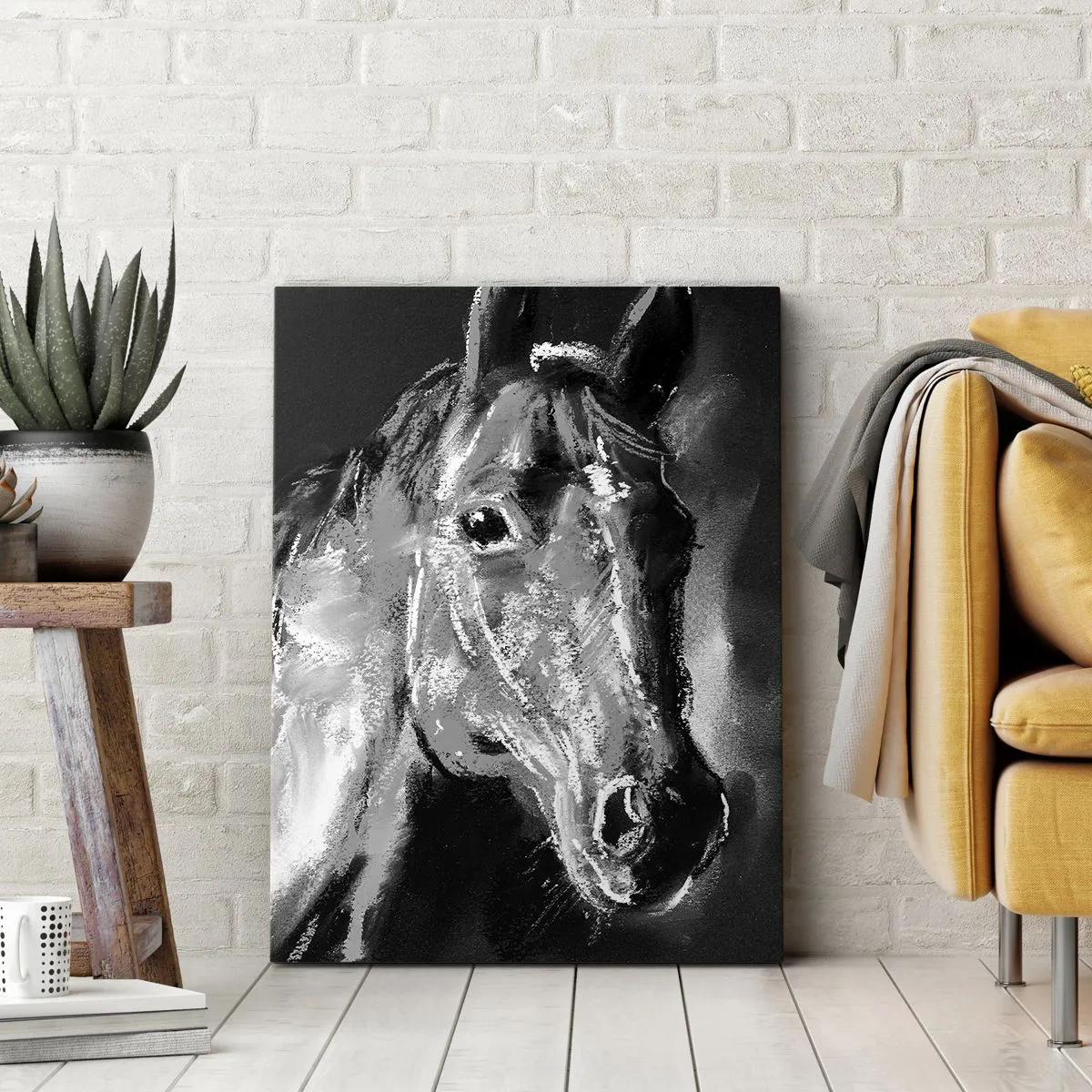 Impression sur toile - Image sur toile - Portrait d'un cheval dans un style dynamique en noir et blanc - 50x70cm - L'éclat d'une âme noble - Décoration murale moderne pour le salon et la chambre ARTTOR