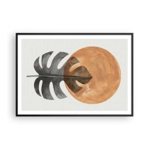 Affiche dans un cadre noir - Poster - Feuille de Monstera et cercle doré sur fond clair - 100x70cm - Toujours le soleil - Décoration murale moderne pour le salon et la chambre ARTTOR