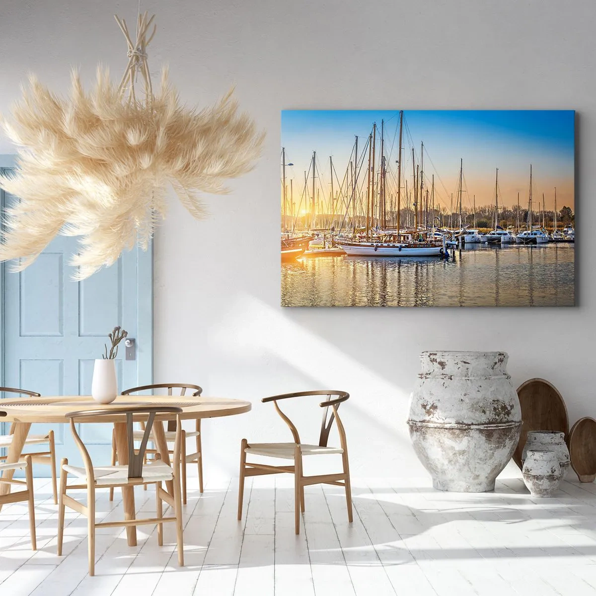 Impression sur toile - Image sur toile - Coucher de soleil sur une marina pleine de voiliers - 70x50cm - Le vent aussi doit dormir - Décoration murale moderne pour le salon et la chambre ARTTOR