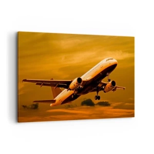 Impression sur toile - Image sur toile - Un avion de ligne décollant sous un ciel de coucher de soleil doré. - 120x80cm - Vol vers le soleil - Décoration murale moderne pour le salon et la chambre ARTTOR
