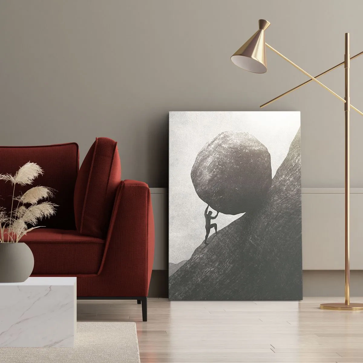 Impression sur toile - Image sur toile - Un homme escaladant un énorme rocher sur une colline - 50x70cm - Je crois contre tout espoir - Décoration murale moderne pour le salon et la chambre ARTTOR
