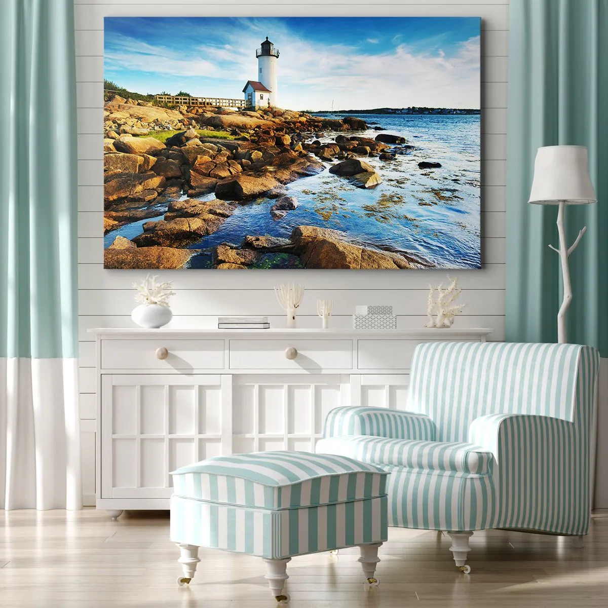 Impression sur toile - Image sur toile - Un phare sur une côte rocheuse par une journée ensoleillée - 70x50cm - Revenez heureux, j'attends - Décoration murale moderne pour le salon et la chambre ARTTOR
