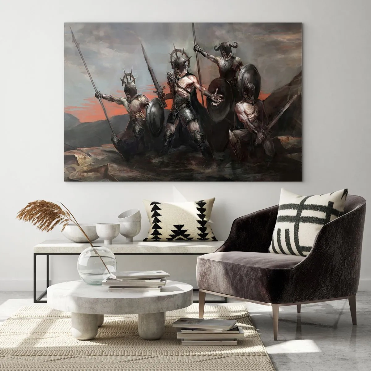 Impression sur verre - Image sur verre - Guerriers avec des lances et des boucliers contre le ciel rouge - 120x80cm - Avec ou sur un bouclier - Décoration murale moderne pour le salon et la chambre ARTTOR