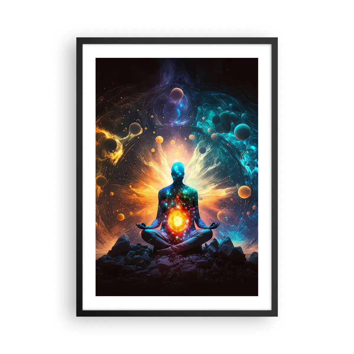 Affiche dans un cadre noir - Poster - Une figure méditante dans une aura cosmique pleine d'énergie - 50x70cm - Paix cosmique - Décoration murale moderne pour le salon et la chambre ARTTOR