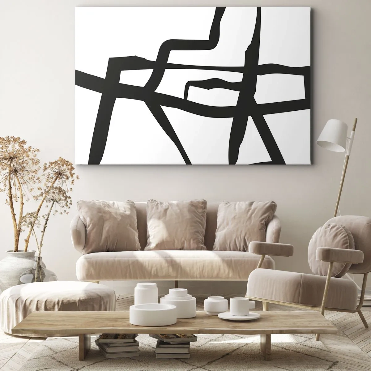 Impression sur toile - Image sur toile - Motif minimaliste noir et blanc avec des lignes géométriques - 120x80cm - Conception noir et blanc - Décoration murale moderne pour le salon et la chambre ARTTOR