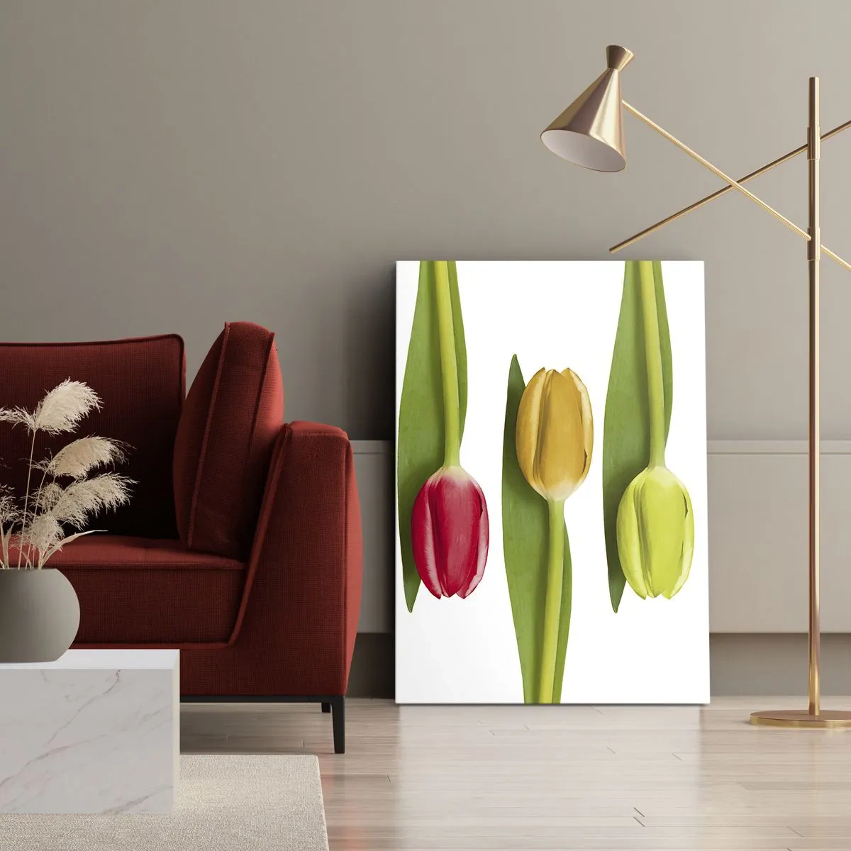 Impression sur toile - Image sur toile - Tulipes multicolores disposées en rangée sur fond blanc - 50x70cm - Composition arc-en-ciel - Décoration murale moderne pour le salon et la chambre ARTTOR