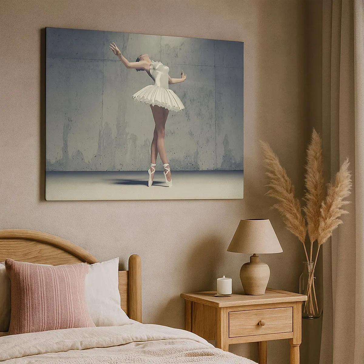Impression sur toile - Image sur toile - Une danseuse de ballet en robe blanche contre un mur brut. - 70x50cm - Léger comme un oiseau - Décoration murale moderne pour le salon et la chambre ARTTOR