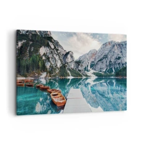 Impression sur toile - Image sur toile - Un lac avec des bateaux entouré de montagnes - 120x80cm - On va te montrer la beauté - Décoration murale moderne pour le salon et la chambre ARTTOR