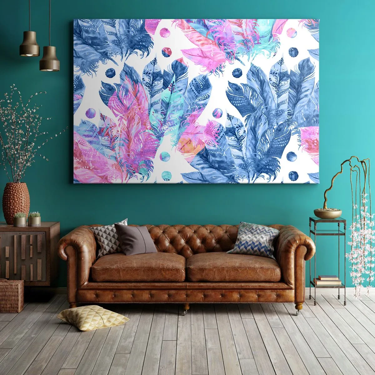 Impression sur toile - Image sur toile - Motif abstrait avec des plumes colorées dans des tons pastel - 70x50cm - Plumes en rose et bleu - Décoration murale moderne pour le salon et la chambre ARTTOR