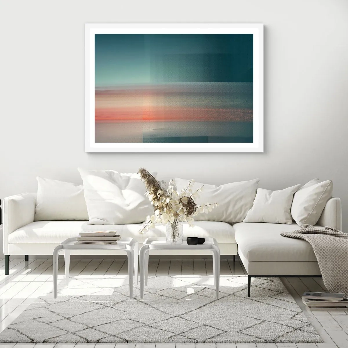 Affiche dans un cadre blanc - Poster - Résumé : vagues de lumière - 100x70 cm