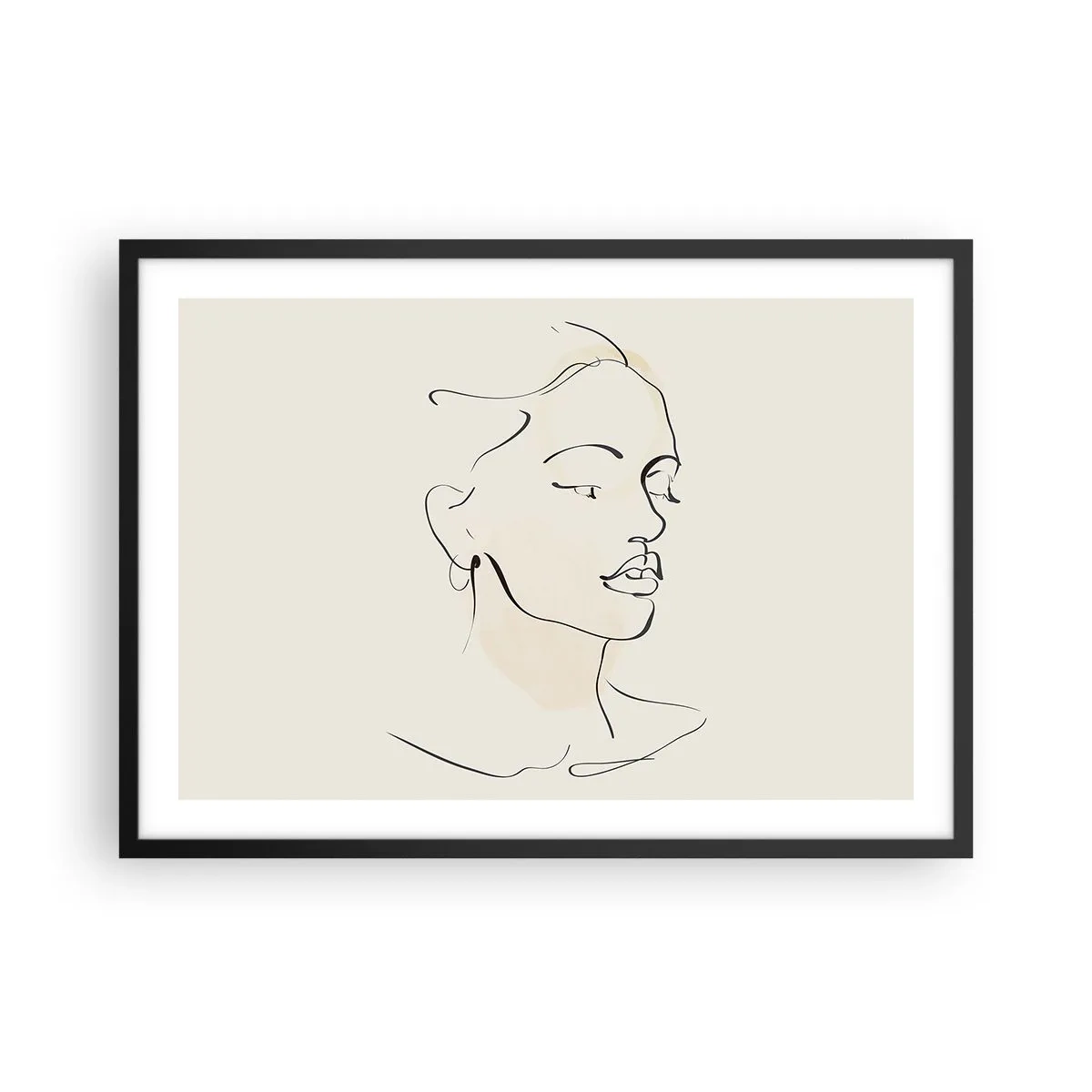 Affiche dans un cadre noir - Poster - Un croquis délicat du visage d'une femme sur un fond clair - 70x50cm - Une ligne certaine - Décoration murale moderne pour le salon et la chambre ARTTOR