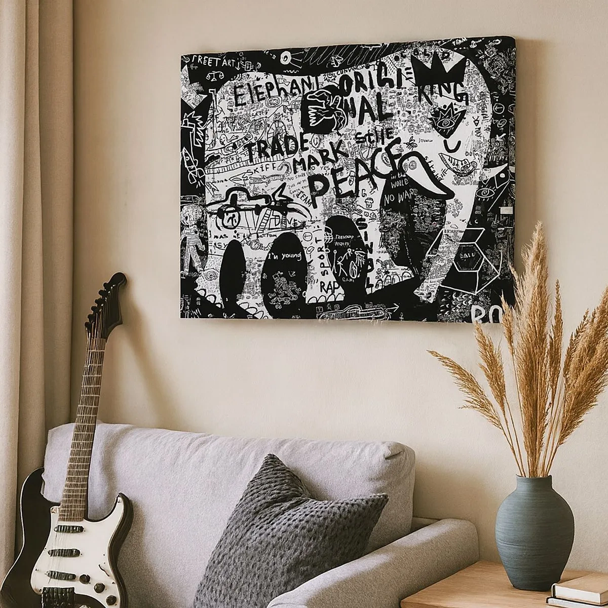 Impression sur toile - Image sur toile - Graphiques en noir et blanc avec des motifs graffitis - 70x50cm - La richesse des rues - Décoration murale moderne pour le salon et la chambre ARTTOR