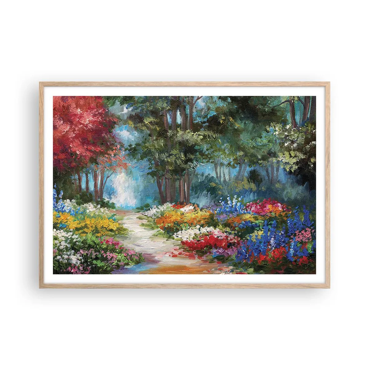 Affiche dans un chêne clair - Poster - Jardin forestier, forêt de fleurs - 100x70 cm