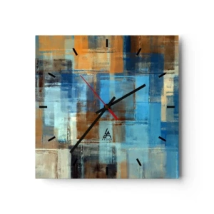 Horloge murale - Pendule murale - Composition géométrique abstraite dans les tons de bleu et de marron - 30x30cm - A travers le voile bleu - Décoration murale moderne pour le salon et la chambre ARTTOR
