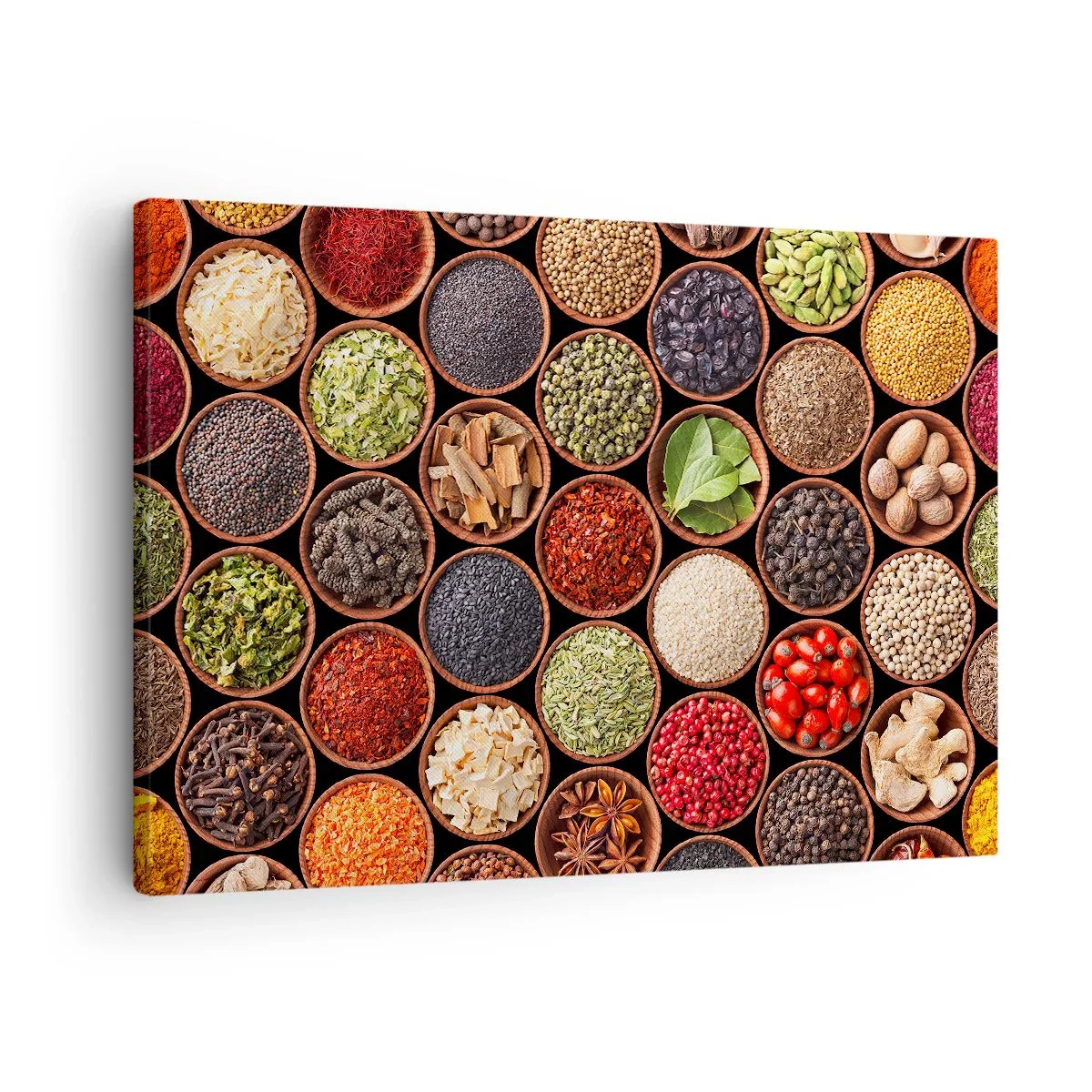 Impression sur toile - Image sur toile - Épices colorées dans des récipients ronds - 70x50cm - Toutes les saveurs du monde - Décoration murale moderne pour le salon et la chambre ARTTOR