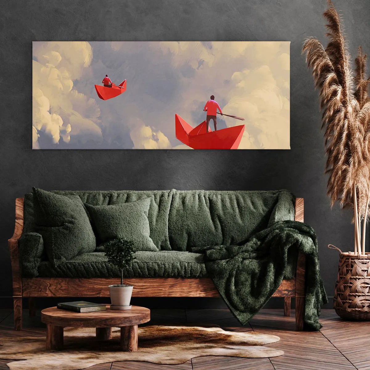 Impression sur toile - Image sur toile - Bateaux en papier rouges flottant dans les nuages - 140x50cm - Expédition des Rêveurs - Décoration murale moderne pour le salon et la chambre ARTTOR