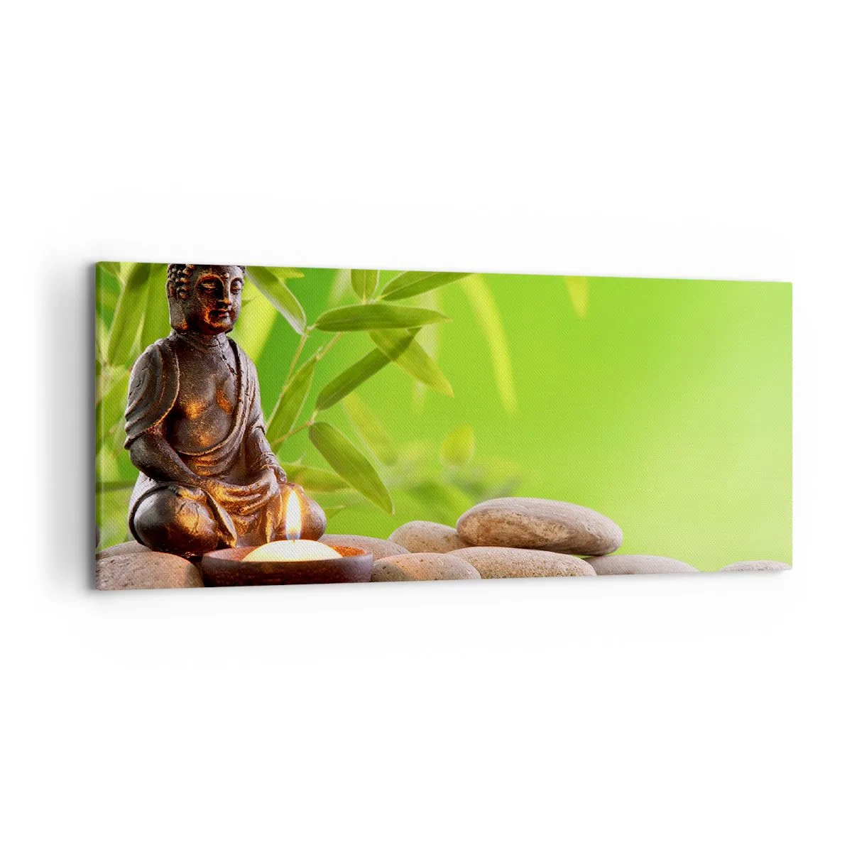 Impression sur toile - Image sur toile - Figure de Bouddha avec des pierres et une bougie sur un fond de bambou - 120x50cm - La vie est belle - Décoration murale moderne pour le salon et la chambre ARTTOR