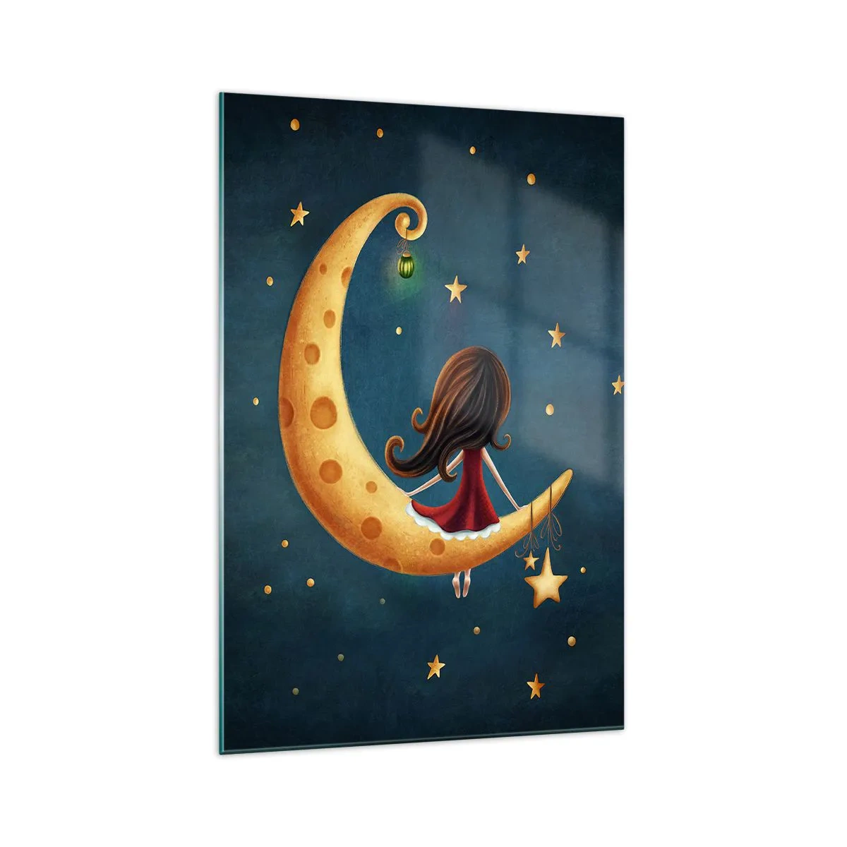 Impression sur verre - Image sur verre - Une fille sur la lune entourée d'étoiles - 70x100cm - Il était une fois... - Décoration murale moderne pour le salon et la chambre ARTTOR