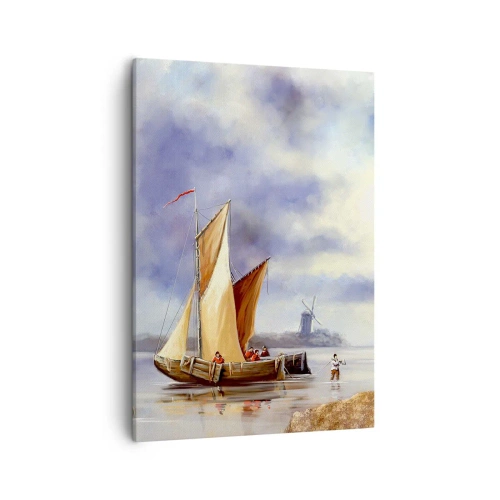 Impression sur toile - Image sur toile - Voiliers sur une eau calme avec des moulins à vent en arrière-plan - 50x70cm - Retour de marin - Décoration murale moderne pour le salon et la chambre ARTTOR