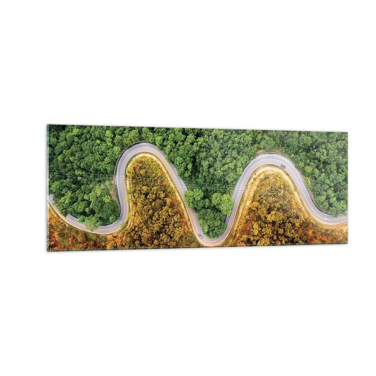 Impression sur verre - Image sur verre - Une route sinueuse à travers la forêt vue à vol d'oiseau - 140x50cm - Frontieres et differences - Décoration murale moderne pour le salon et la chambre ARTTOR