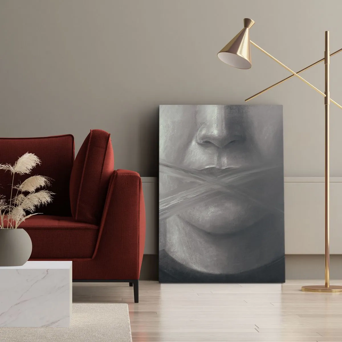 Impression sur toile - Image sur toile - Un portrait symbolique aux lèvres floues dans des tons gris. - 50x70cm - Sans mot - Décoration murale moderne pour le salon et la chambre ARTTOR