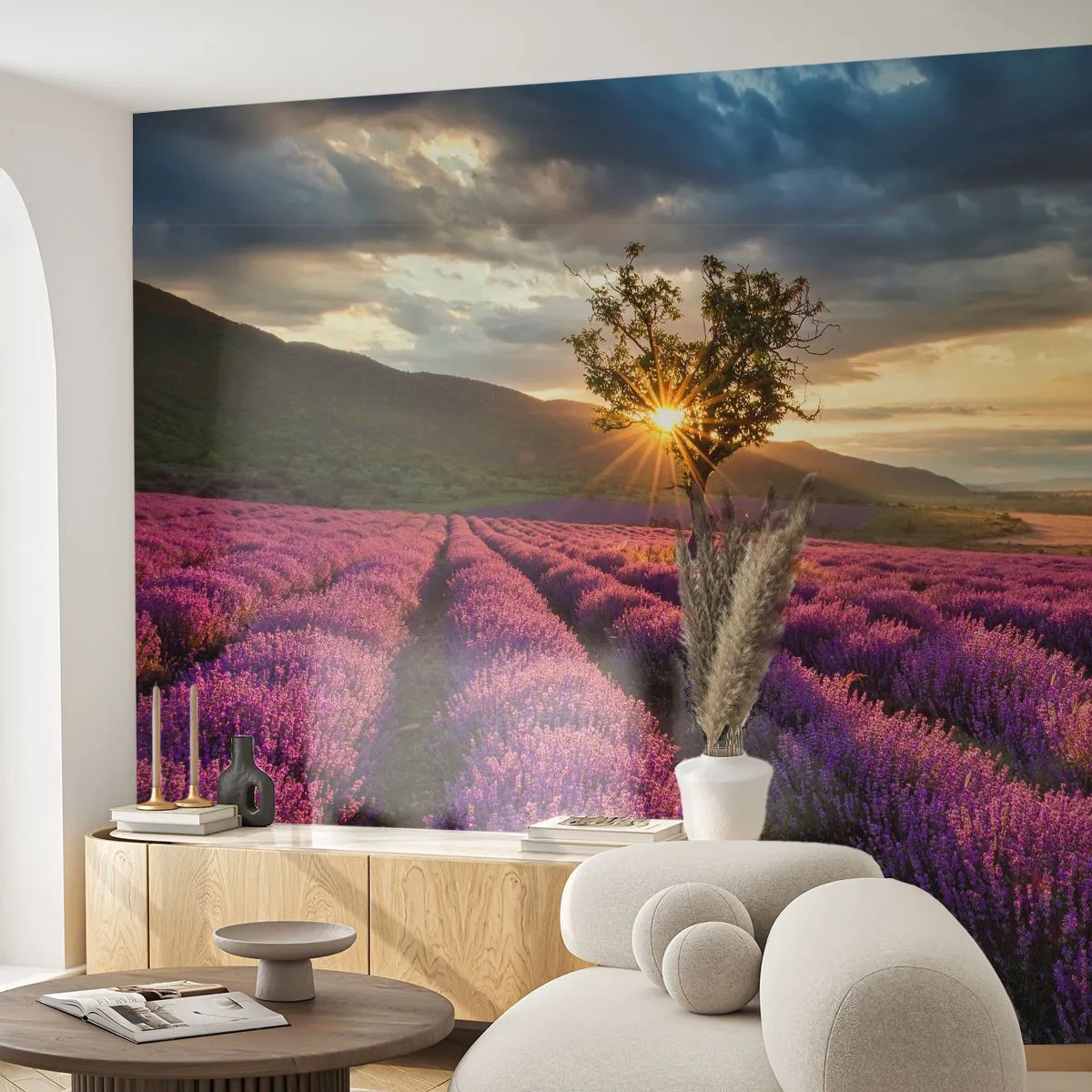 Papier Peint Photo Premium Sand - Champ de lavande au coucher du soleil - 100x70cm - Arôme de couleur lilas - Décoration murale moderne pour le salon et la chambre ARTTOR