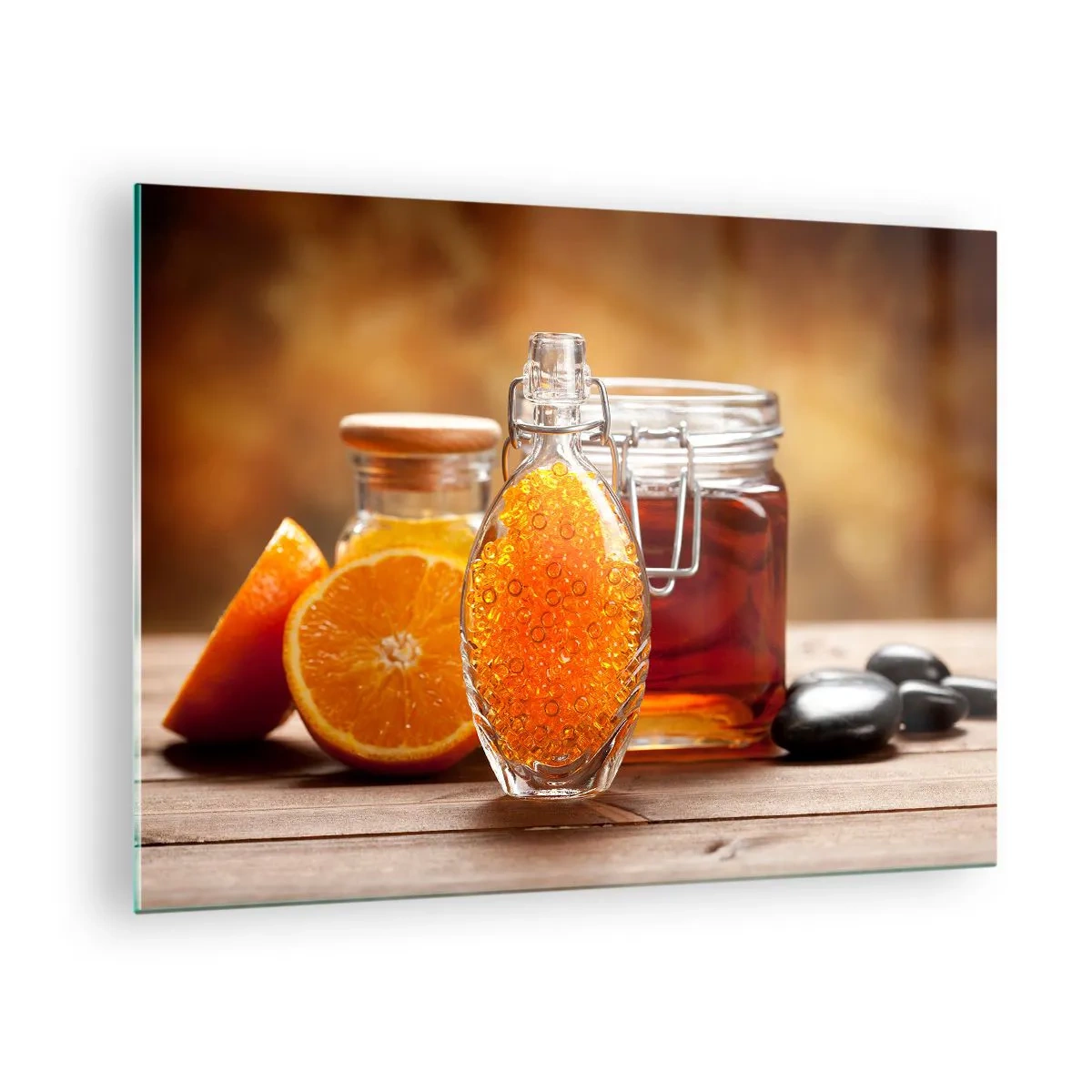 Impression sur verre - Image sur verre - Une bouteille d'huile et une orange sur une table en bois - 70x50cm - Saveurs et arômes ensoleillés - Décoration murale moderne pour le salon et la chambre ARTTOR