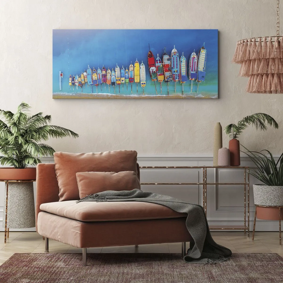 Impression sur toile - Image sur toile - Des bateaux colorés alignés en rangée sur le rivage - 140x50cm - Une vue à vol d'oiseau - Décoration murale moderne pour le salon et la chambre ARTTOR