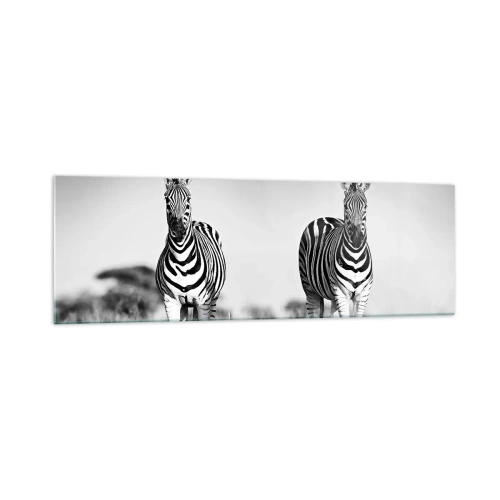 Impression sur verre - Image sur verre - Deux zèbres dans la savane dans un style monochrome - 160x50cm - Le monde est bel et bien noir et blanc - Décoration murale moderne pour le salon et la chambre ARTTOR