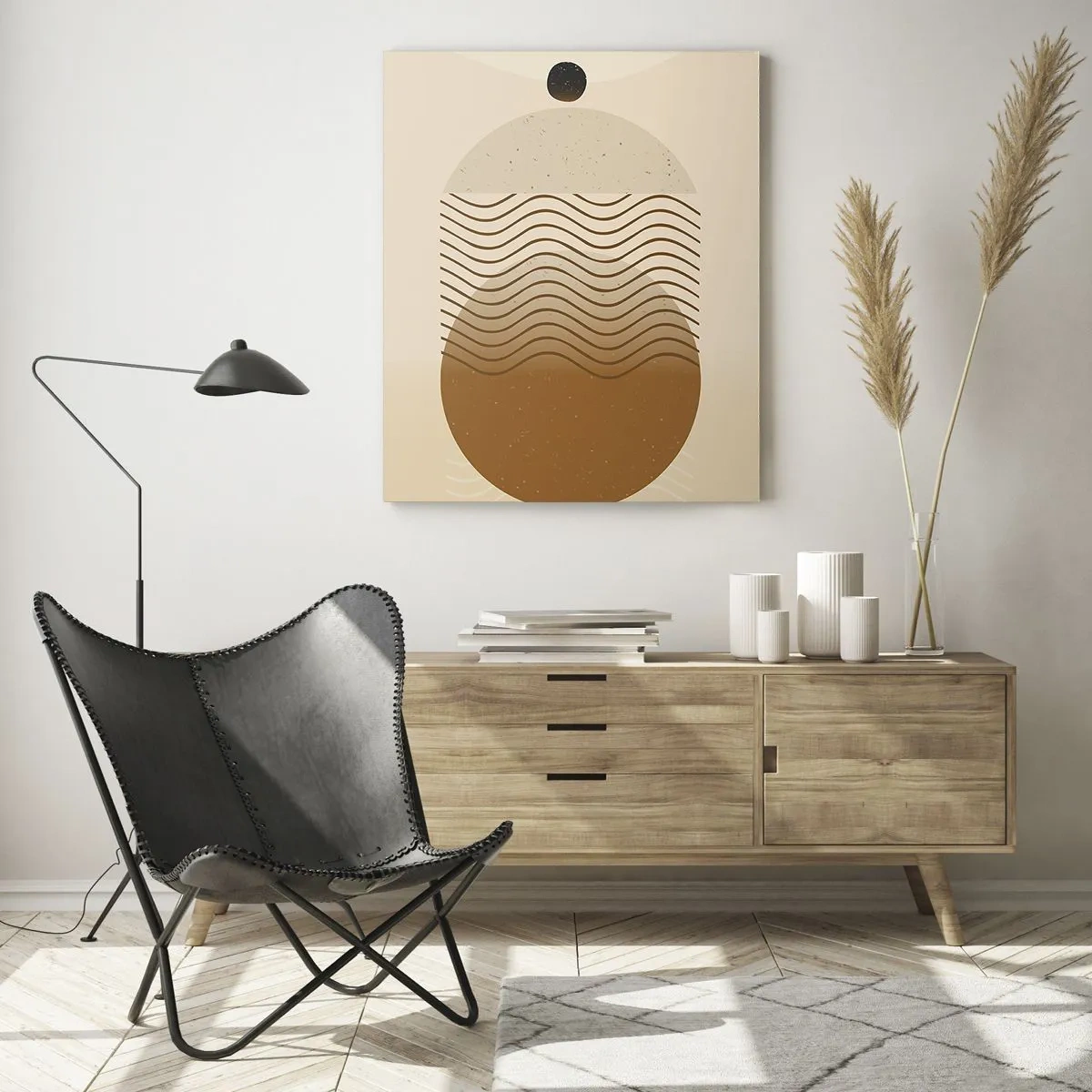 Impression sur verre - Image sur verre - Abstraction géométrique avec des cercles et des lignes ondulées aux couleurs chaudes. - 70x100cm - Sur l'origine des figures géométriques - Décoration murale moderne pour le salon et la chambre ARTTOR